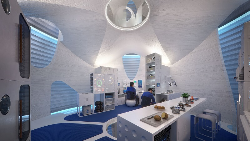 Artist rendering of the second-level kitchen and office. Image Credit: AI Space Factory